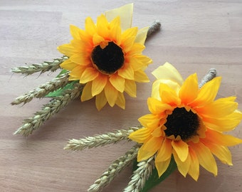 2 x Sunflower and corn buttonhole rustic wedding