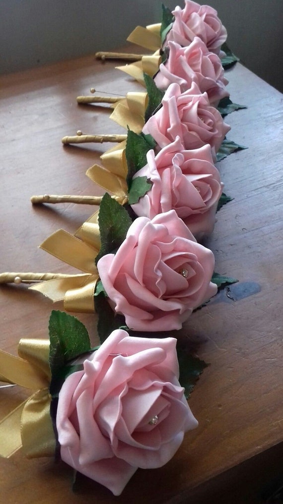 DIAMANTE WEDDING FLOWERS IVORY FOAM ROSE BUTTONHOLE PACKAGE x 6 WITH PEARLS 