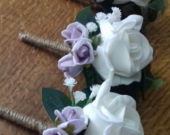 3 x Ivory foam rose button holes with lilac rosebuds,Gyp, eucalyptus & stems bound in rope (dispatch time 4 weeks from purchase)