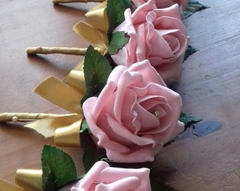 Baby pink foam rose buttonholes with diamante gold ribbon x 6