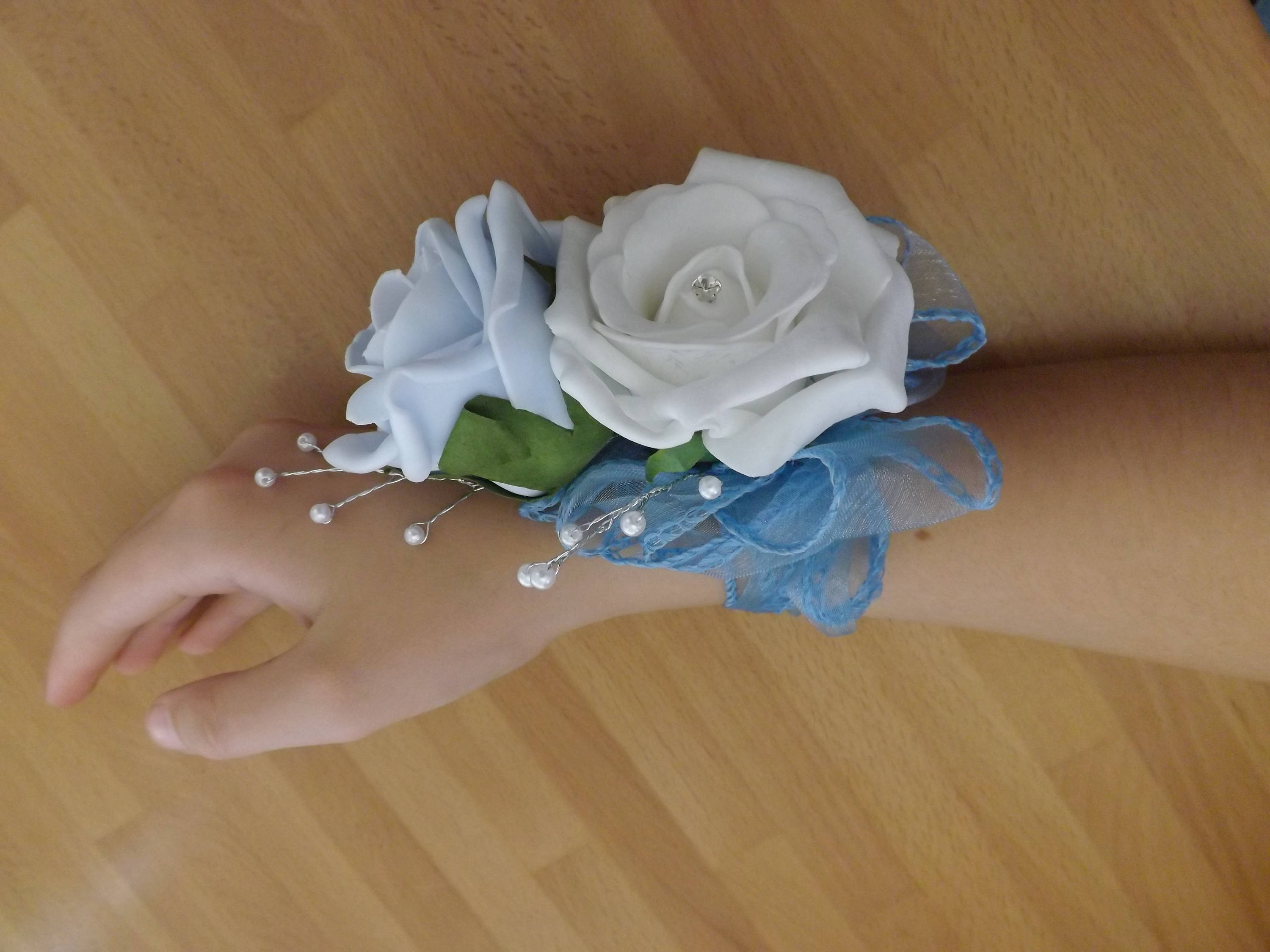 White and Baby Blue Foam Rose Wrist Corsage With Diamante and Etsy