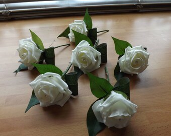 Gents ivory foam rose buttonholes with diamante x 6