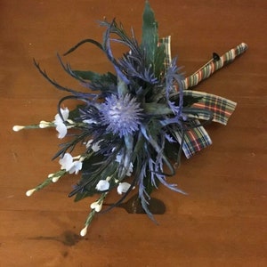 1 x Blue Scottish thistle and white heather button holes with tartan ribbon (dispatch time 4 weeks from purchase)