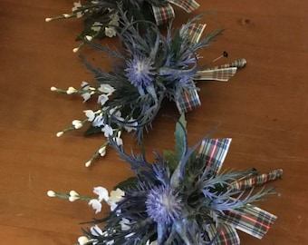 6 x Blue Scottish thistle and white heather button holes with tartan ribbon