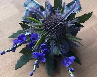 1 x Purple Scottish thistle and purple heather button holes with Buchanan tartan ribbon