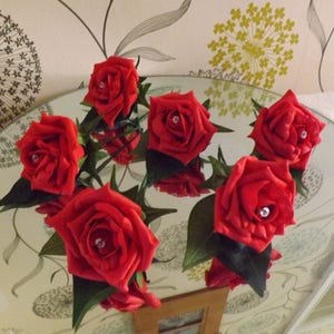 Gents red foam rose button holes with diamante x 6