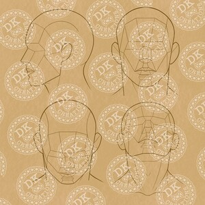May include: A tan-colored illustration featuring four different views of a human head, each with geometric shapes overlaid. The image includes the text "DK CREATIONS" in a circular pattern.