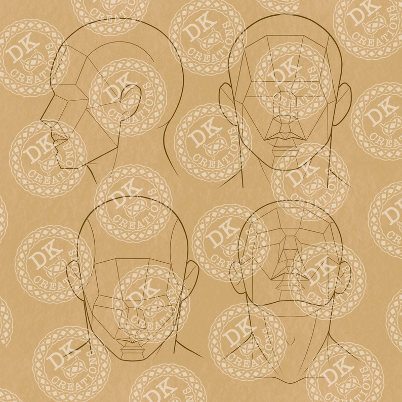 May include: A tan-colored illustration featuring four different views of a human head, each with geometric shapes overlaid. The image includes the text "DK CREATIONS" in a circular pattern.