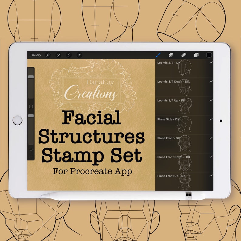 May include: A digital art stamp set for the Procreate app, displayed on a tablet. The screen shows the text "Facial Structures Stamp Set" with diagrams of facial planes and the "DanaKay Creations" logo. A stylus rests on the tablet.