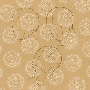 May include: Three sketches of a head in profile, drawn in black lines on a tan background. The sketches show the basic shapes and guidelines for drawing a face. The background is patterned with repeating circular logos that read "DK Creations".