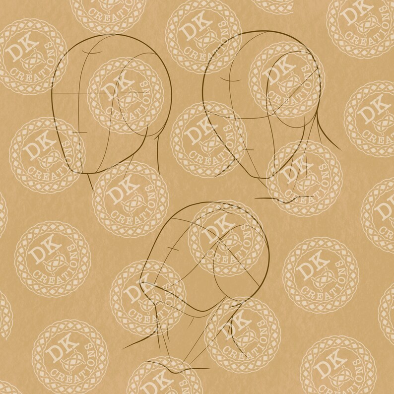 May include: Three sketches of a head in profile, drawn in black lines on a tan background. The sketches show the basic shapes and guidelines for drawing a face. The background is patterned with repeating circular logos that read "DK Creations".