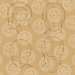 May include: A tan-colored background features a repeating pattern of circular logos and four sketches of human heads. The head sketches are outlined in black, with guidelines for facial features. The logos say "DK Creations".