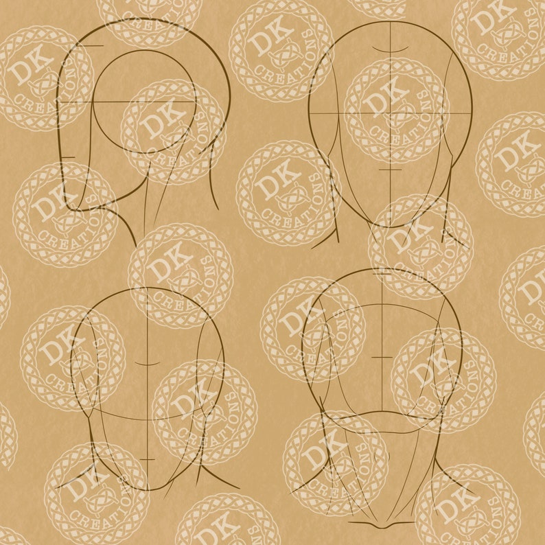 May include: A tan-colored background features a repeating pattern of circular logos and four sketches of human heads. The head sketches are outlined in black, with guidelines for facial features. The logos say "DK Creations".