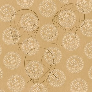 May include: Line drawings of three human heads, each with geometric shapes overlaid, on a tan background. The heads are in different orientations, showcasing the structure of the face. The background has a repeating pattern of circular logos with the text "DK CREATIONS".