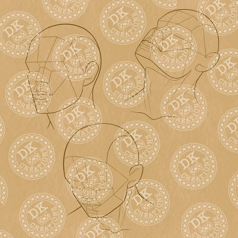May include: Line drawings of three human heads, each with geometric shapes overlaid, on a tan background. The heads are in different orientations, showcasing the structure of the face. The background has a repeating pattern of circular logos with the text "DK CREATIONS".
