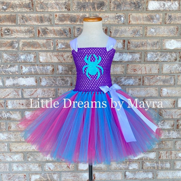 Purple and blue spider inspired tutu dress, Spider Gwen inspired birthday tutu, Super hero inspired birthday party outfit size nb to 12years