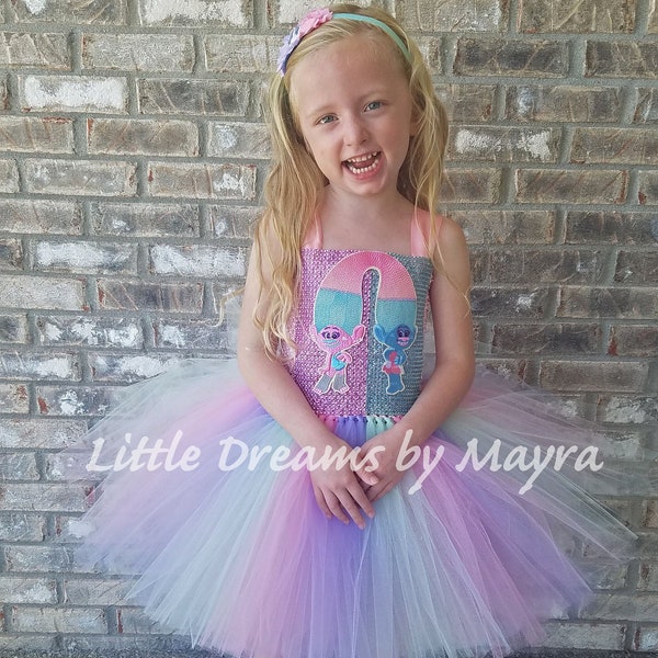 Satin and Chenille inspired tutu dress, Trolls inspired birthday party outfit size nb to 12years