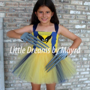 Super hero inspired dress with claws, Navy and yellow tutu dress, super hero birthday party outfit size nb to 12years, Halloween costume