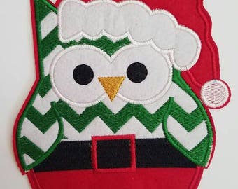 Owl large patch, Christmas embroidery patch, Red owl Christmas patch