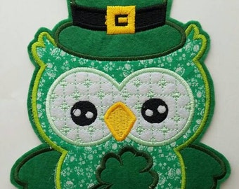 Owl large patch, St Patrick day embroidery patch, Green owl Saint Patrick day patch