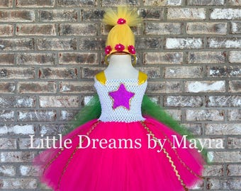 Trolls inspired tutu dress and headband, Yellow and hot pink tutu dress, turquoise tutu dress, trolls birthday party costume size nb to 12y
