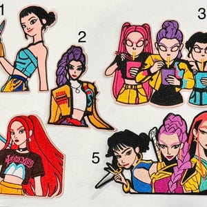 May include: A collection of five embroidered patches featuring stylised anime-inspired characters. Patch 1 shows a character with a fan, 2 a character in a yellow jacket, 3 three characters eating, 4 a character with red hair, and 5 three characters.