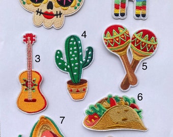 Sombrero iron on inspired embroidery patch, taco iron on, taco Tuesday party, guitar iron on,  Mexico iron on patches