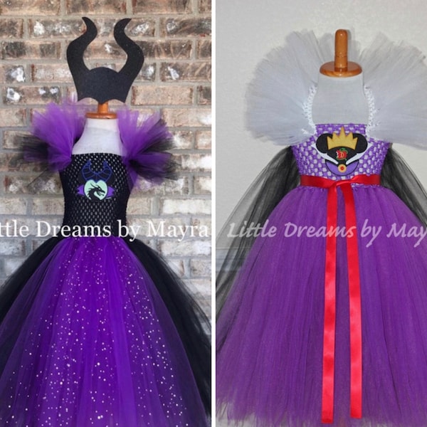 Costume robe tutu et bandeau inspirés des méchants, costume inspiré de la reine du mal, robe d'Halloween inspirée des maléfiques taille nb à 12 ans