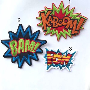 Pow, Bam, Kaboom inspired iron on patch, super hero birthday party inspired applique