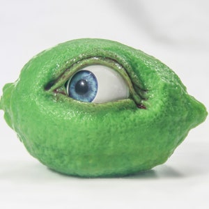 May include: A green lime with a blue eye peering out from the side.