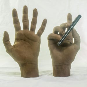 May include: Two brown-toned hand sculptures made of a matte material. The left sculpture is an open palm facing forward with fingers spread. The right sculpture is a closed hand holding a slim black pen with silver accents between the fingers.