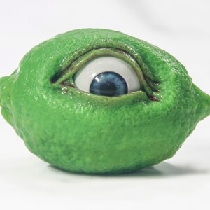 May include: A green lime with a realistic blue eye painted on it.
