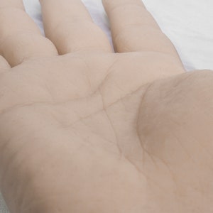 May include: A close-up of a light-skinned hand with visible lines and wrinkles. The hand is resting on a white surface.