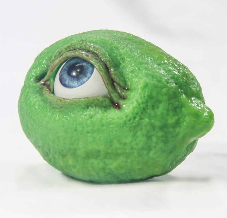 May include: A green lime with a realistic blue eye painted on it. The eye is open and looking to the right. The lime is smooth and has a slightly bumpy texture.
