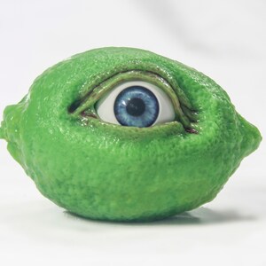 May include: A green lime with a blue eye embedded in it. The eye is open and looking to the right.
