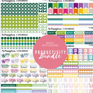 May include: A selection of planner stickers in diverse colours and designs. The stickers feature icons for appointments, cleaning, and paydays, with text such as "Day Off" and "Girls Night". A pink circle in the centre reads "Productivity Bundle" and "850+ Stickers".