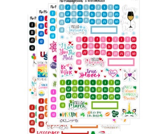May include: A collection of planner stickers with various designs and text. The stickers feature calendar dates, holiday-themed graphics, and phrases like "Hello January" and "Be Mine." The color palette includes pink, blue, green, and red.