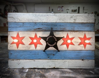 Handmade Chicago flag for man cave. Chicago Police vintage wood flag. Custom Chicago flag with metal logo and vintage lights.