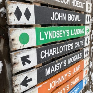 Custom ski signs, 8 and 9 slat wood ski trail signs. Design your own ski sign for your home, cabin, ski chalet or lodge.