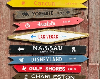 Group of 10 Random directional Signs. Custom made creative destination signs. Distressed wood beach signs. Vintage handmade travel signs.