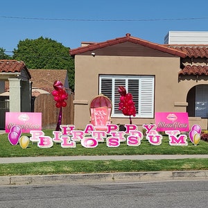 May include: Pink and gold Happy Birthday Blossom yard signs with a pink and gold 15 sign, pink and gold balloons, and a pink and gold cake. The signs are on a green lawn in front of a house.