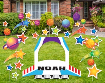 Giant Rocket Yard Sign with Stars | Outer Space Birthday Party Decor