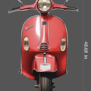 May include: A red Vespa scooter, 123.65 cm tall and 77.62 cm wide, with a round headlight and side mirrors. The scooter has the word "Vespa" on the side and a California license plate.