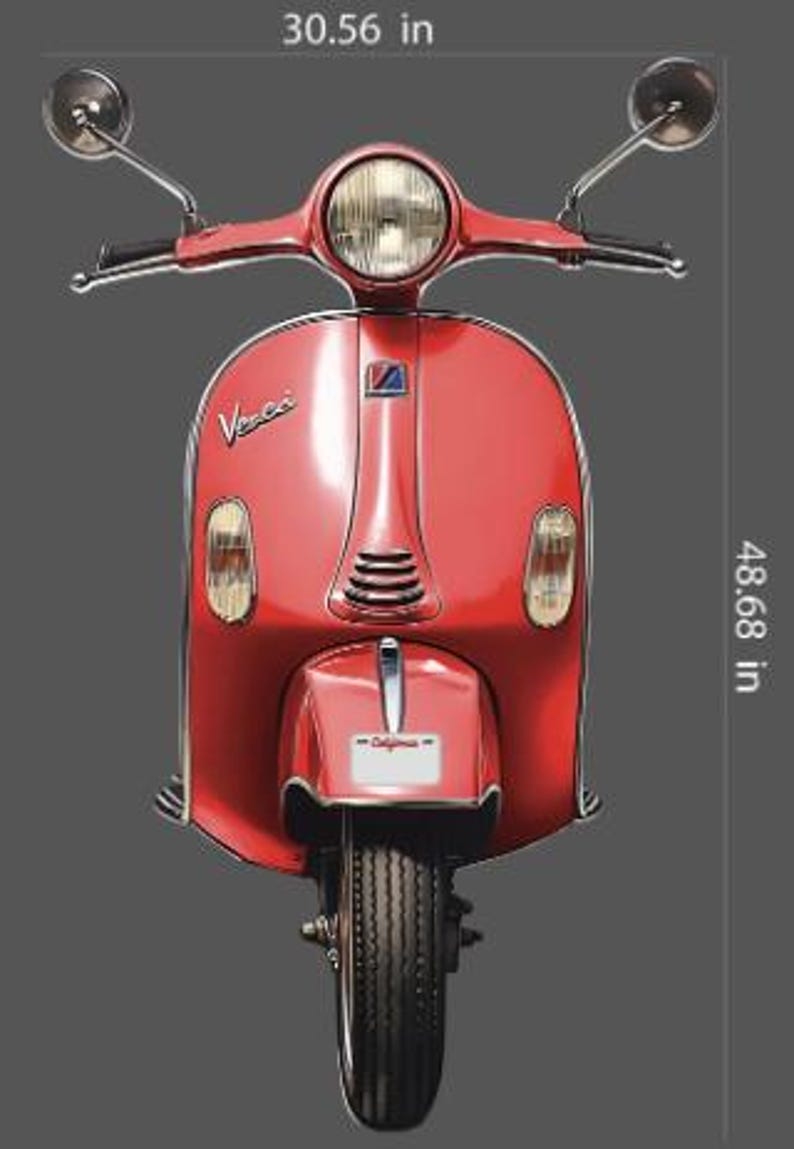 May include: A red Vespa scooter, 123.65 cm tall and 77.62 cm wide, with a round headlight and side mirrors. The scooter has the word "Vespa" on the side and a California license plate.