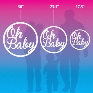 May include: Three white circular signs with the text "Oh Baby" in a cursive font. The signs are 30 inches, 23.5 inches, and 17.5 inches in diameter.