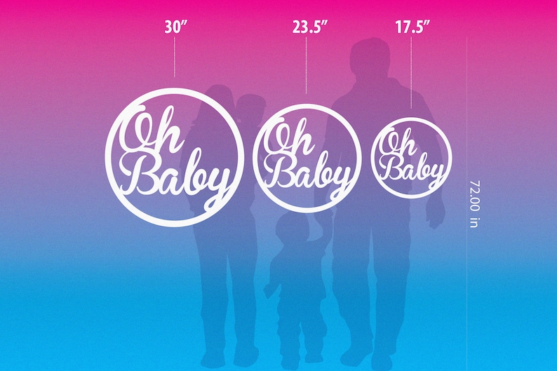 May include: Three white circular signs with the text "Oh Baby" in a cursive font. The signs are 30 inches, 23.5 inches, and 17.5 inches in diameter.