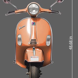 May include: An orange scooter with a California license plate. The scooter is 77.6 cm wide and 123.6 cm tall. It has a round headlight, side mirrors, and the word "Vespa" on the front.