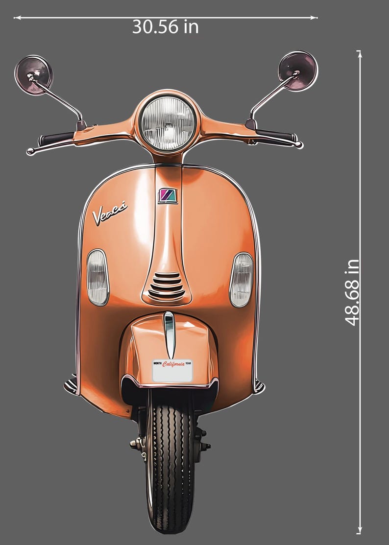 May include: An orange scooter with a California license plate. The scooter is 77.6 cm wide and 123.6 cm tall. It has a round headlight, side mirrors, and the word "Vespa" on the front.