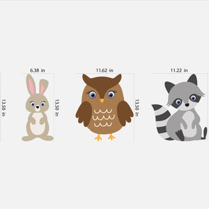May include: Five colorful animal illustrations: a red fox, a brown rabbit, a brown owl, a gray raccoon, and an orange deer. Each animal is approximately 13.5 inches tall and varies in width from 6.29 to 12.54 inches.