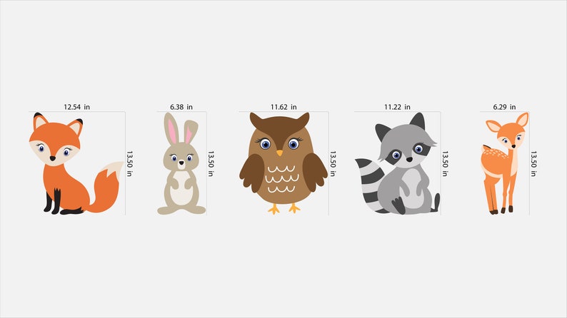 May include: Five colorful animal illustrations: a red fox, a brown rabbit, a brown owl, a gray raccoon, and an orange deer. Each animal is approximately 13.5 inches tall and varies in width from 6.29 to 12.54 inches.